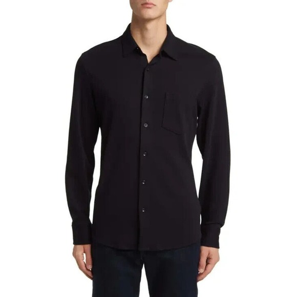 NWOT Nordstrom Piqué Button-Up Shirt Trim Fit Pima Cotton Mens Black SZ 15 34-35 - Picture 1 of 6